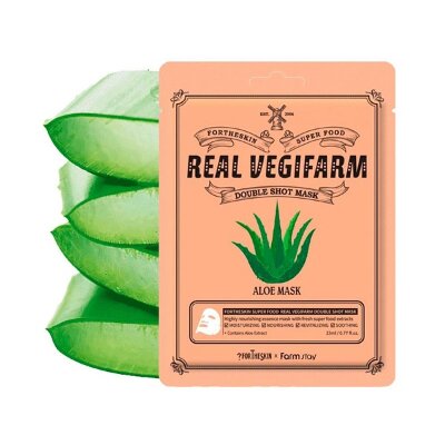 Успокаивающая тканевая маска для лица с экстрактом алоэ For The Skin Super Food Real Vegifarm Double Shot Mask Aloe